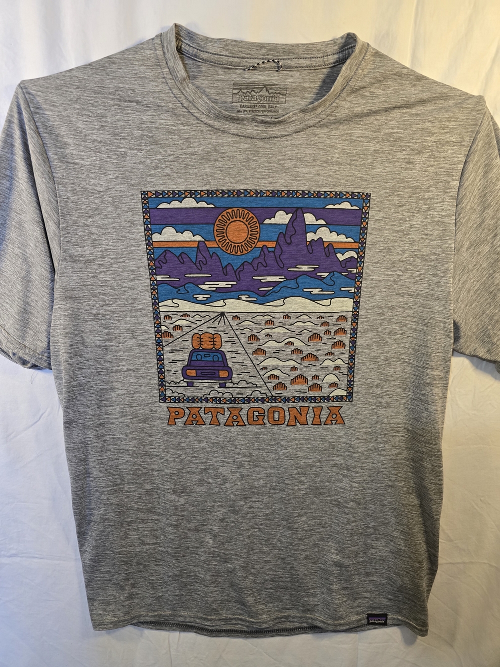 Patagonia Gray Short Sleeve Tee with Purple, Blue and Orange Graphic